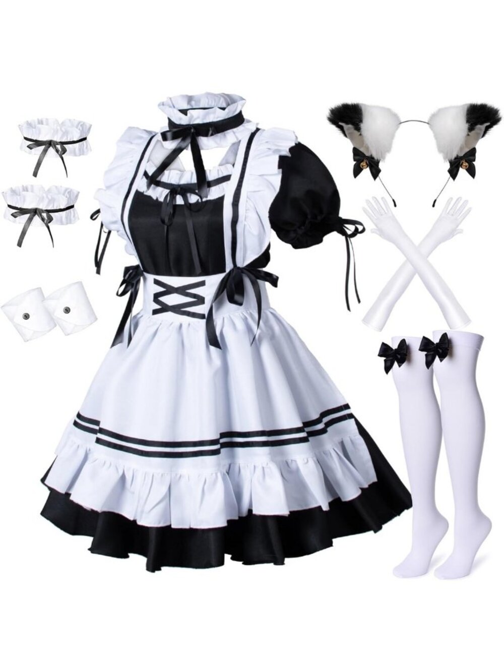Anime French Maid Apron Cosplay Costume with Furry Cat Ear Gloves & Socks Set